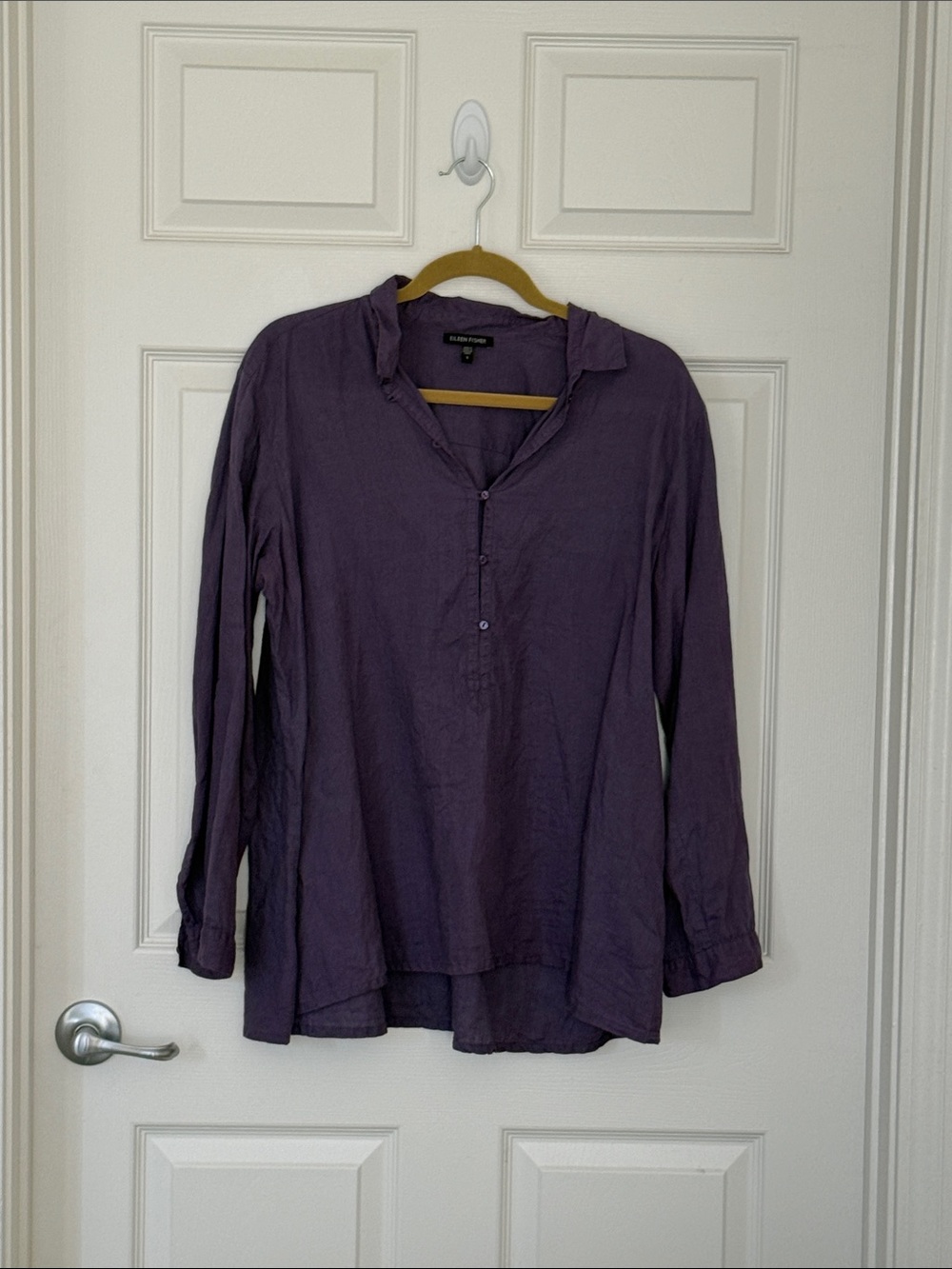 Eileen Fisher Plum V-Neck Linen Button Tunic, with roll sleeves